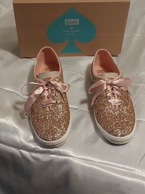 Brand New Keds Kate Spade Glitter Sneaker in Rose Gold with Pink Satin Laces